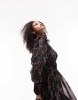 Topshop midi dress with ruffle sleeves in black floral print