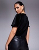 ASOS DESIGN lace trim velvet tie front puff sleeve blouse in black