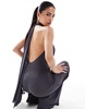 ASOS DESIGN mesh twist bust detail halter jumpsuit with tie back neck in charcoal gray