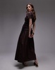 Topshop cap sleeve shirred dress with tie sides in brown with contrast black ties