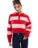 Bershka textured knitted polo sweater in red and pink stripe
