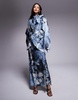 ASOS DESIGN funnel neck satin maxi dress with exaggerated sleeves in blue floral print
