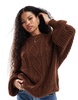 Brave Soul Petite oversized cable knit sweater in brown