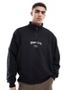 Bershka 1/4 zip piped back printed sweatshirt in black