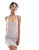 Bershka halterneck bengaline mini dress in brown stripe