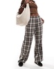 Bershka tie waist wide leg pants in brown check