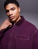 ASOS DESIGN boxy oversized cord collar harrington jacket with contrast stitch in burgundy