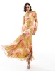 ASOS DESIGN high neck maxi dress with flare hem in green floral print