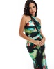 ASOS DESIGN satin halter cross front cut out detail maxi dress in abstract print