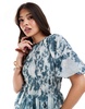 ASOS DESIGN puff sleeve midi dress with gauged waist in blue floral print