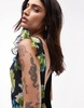 Topshop high neck open back frill maxi dress in blurred blue floral