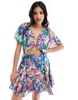 ASOS DESIGN mini cut out dress with godet skirt in blue floral print