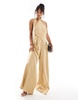 ASOS DESIGN halterneck tie detail wide leg jumpsuit in brown