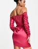Amy Lynn off the shoulder satin ruched dress with cut out in hot pink