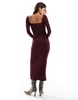 Bershka long sleeve square neck bodycon midaxi dress in burgundy