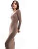 Bershka long sleeve square neck bodycon midaxi dress in beige