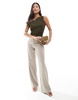 Bershka Petite wide leg tailored pants in beige melange