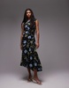 Topshop godet hem boutique occasion midi dress in black based winding floral