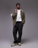 Topman mixed pattern crochet long sleeve polo with camp collar in khaki