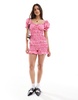 ASOS DESIGN elasticated channel lace trim bow romper in pink gingham