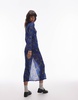 Topshop sheer crinkle crew neck maxi dress with slit in blue ditsy print