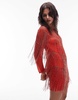 Topshop long sleeved chevron beaded fringe mini dress in orange