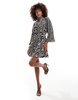 French Connection Fern high neck pleated mini dress with tie waist in mono print
