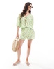 ASOS DESIGN tie front shirt in green gingham floral print - part of a set