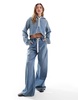 ASOS DESIGN denim jersey wide leg pants in midwash blue - part of a set