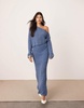 ASOS EDITION fine knit twist off shoulder cropped sweater in slate blue - part of a set