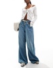 Bershka denim look pull on wide leg pants in mid wash blue