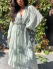 ASOS DESIGN pleated midi dress with drawstring waist and balloon sleeves in chevron dobby in sage green