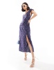 ASOS DESIGN v neck flutter sleeve midi tea dress in navy ditsy floral print