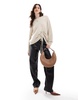 French Connection crew neck sweater with ruched tie front in oatmeal