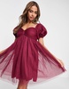 Anaya With Love mini puff sleeve dress in red plum - RED