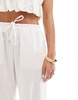 Bershka tie waist wide leg linen pants in white