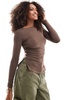 Bershka ruched side long sleeve T-shirt in brown