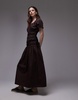 Topshop cap sleeve shirred dress with tie sides in brown with contrast black ties