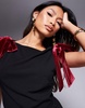 ASOS DESIGN burgundy velvet bow straps boat neck top in black