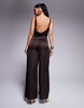 ASOS DESIGN cowl neck satin jumpsuit with sheer underlay and buckle back in chocolate brown
