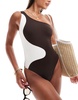 Accessorize monochrome swirl one shoulder swimsuit in brown and cream