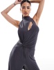 ASOS DESIGN mesh twist bust detail halter jumpsuit with tie back neck in charcoal gray