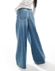 Bershka denim look pull on wide leg pants in mid wash blue