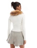 Bershka faux fur collar zip up knit top in ecru
