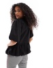 ASOS DESIGN cotton puff sleeve peplum top in black