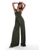 ASOS DESIGN plisse asymmetric drape cami jumpsuit in khaki