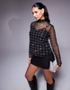 River Island sequin mesh long sleeve top in black