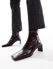 ASOS DESIGN Raine premium square toe mid-heel boots in burgundy leather
