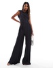 ASOS DESIGN plisse twist fallen shoulder jumpsuit in charcoal