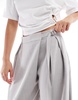 Bershka high waisted tie detail wide leg tailored pants in gray